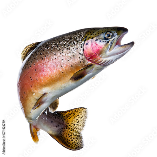 A vibrant trout leaping out of clear water, showcasing its colorful scales and energy. transparent