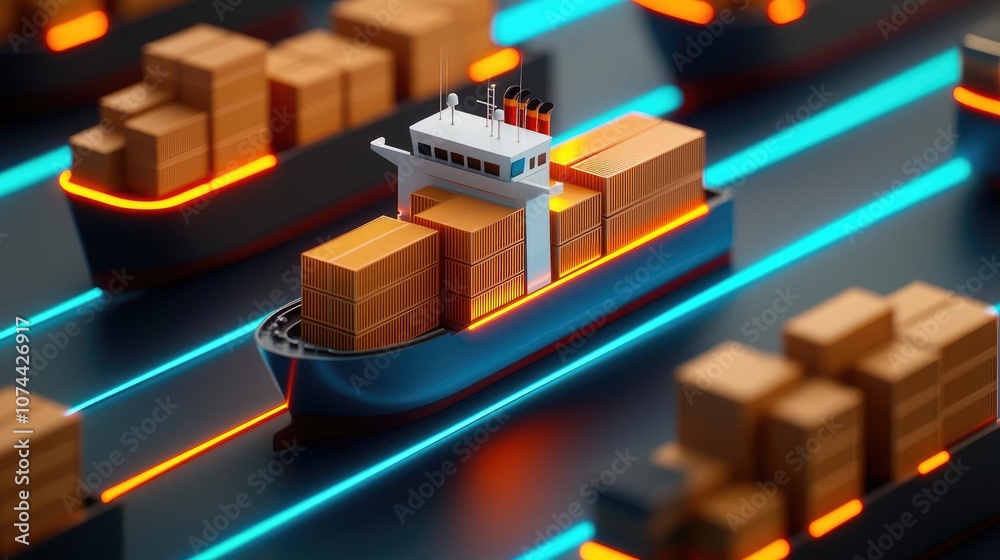 Digital cargo ship with containers on a futuristic watery background. Digital cargo ship with containers on a futuristic watery background.