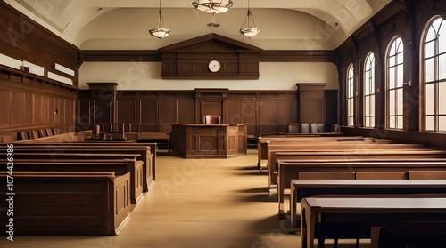 The interior of a vintage courtroom with a judge's bench.generative.ai photo