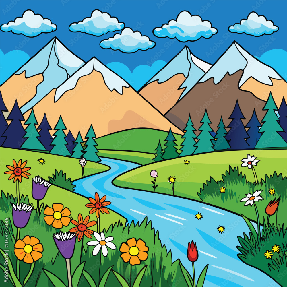 Obraz premium Serene Meadow Between Snow-Capped Mountains: Colorful Wildflowers, Sparkling Stream, and Clear Blue Sky in a Peaceful Landscape