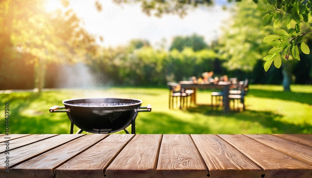 empty wooden table on blurred garden background with barbecue grill in summer empty wooden table on blurred garden background with barbecue grill in summer