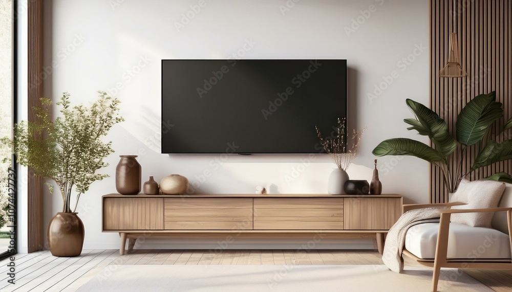 Mockup a TV wall mounted with decoration in living room and white wall.ai generative Mockup a TV wall mounted with decoration in living room and white wall.ai generative