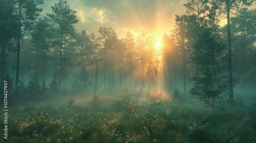 Misty Forest at Sunrise with Rays of Light Illuminating Tree Canopy and Wildflowers in a Serene Natural Landscape Misty Forest at Sunrise with Rays of Light Illuminating Tree Canopy and Wildflowers in a Serene Natural Landscape