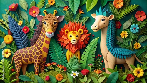 Aerial Photography of a Colorful Paper Art Scene with a Giraffe, Lion, and Lioness Amidst Lush Greenery and Vibrant Flowers Perfect for Wildlife and Nature Illustrations