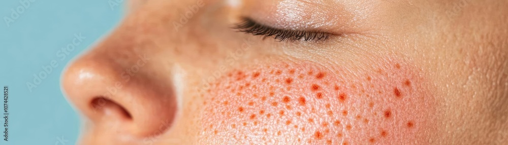 Fototapeta premium Zoomed-in image of skin with warm, inflamed spots, showcasing dermatitis symptoms and discomfort, medical skin condition focus
