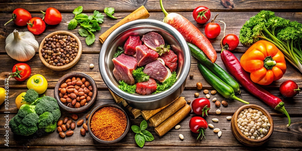 Aerial Photography of Pet Food Bowl on Table Surrounded by Fresh Meat, Colorful Vegetables, and Essential Vitamins – Perfect for Pet Food Advertising Banner Aerial Photography of Pet Food Bowl on Table Surrounded by Fresh Meat, Colorful Vegetables, and Essential Vitamins – Perfect for Pet Food Advertising Banner