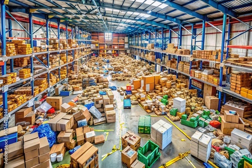 Obraz na płótnie Aerial View of a Chaotic Warehouse Interior with Boxes and Packages Fallen from Shelves, Depicting Disorder and Mess in a Commercial Distribution Environment w salonie