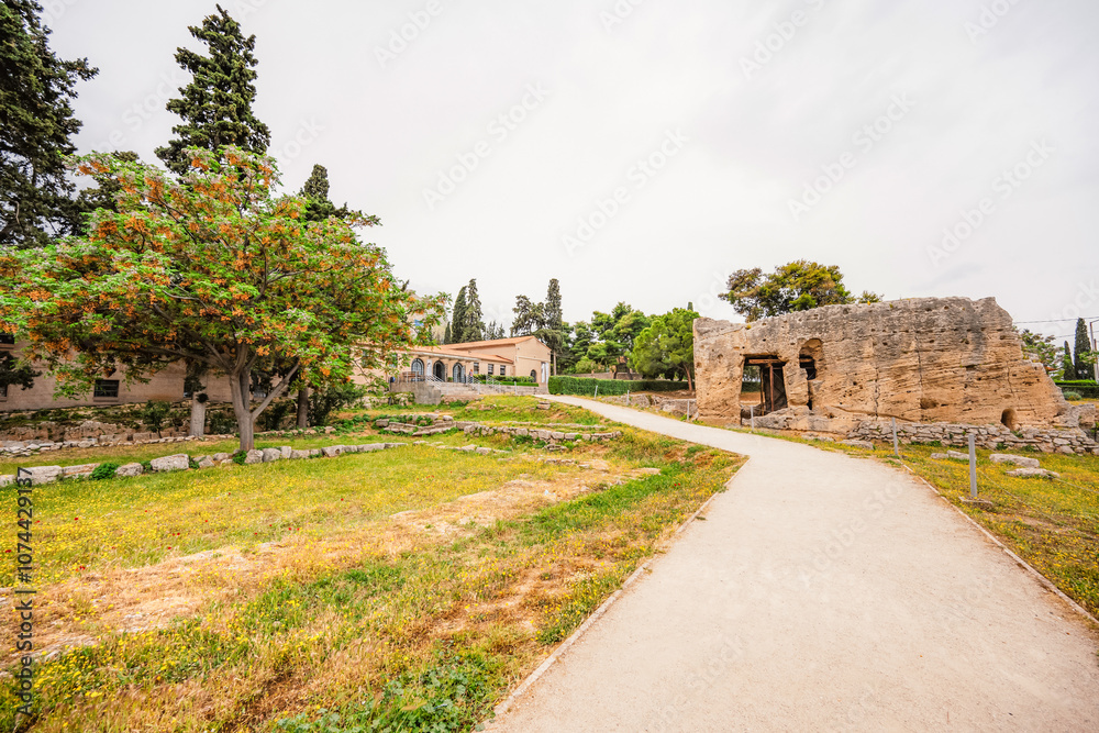 archaeological site of Ancient Corinth built in the slopes of Acrocorinth, Peloponnese, Greece archaeological site of Ancient Corinth built in the slopes of Acrocorinth, Peloponnese, Greece