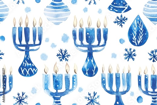 Watercolor illustration of a seamless pattern with blue and white menorahs, snowflakes, and ornaments on a white background.