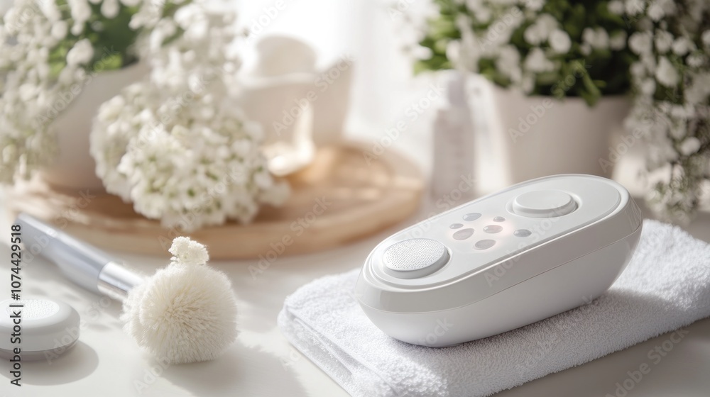 A serene beauty setup featuring a skincare device, brush, and fresh flowers. A serene beauty setup featuring a skincare device, brush, and fresh flowers.