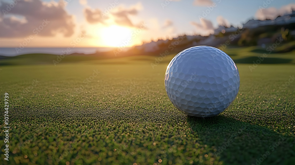 Golf Ball on Green Grass with Sunset in Background - 3D Illustration Golf Ball on Green Grass with Sunset in Background - 3D Illustration