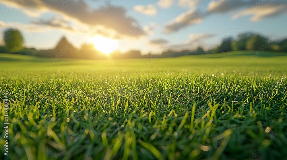 Closeup View of Green Grass with Dew Drops and Blurred Sunset Background - Photo Closeup View of Green Grass with Dew Drops and Blurred Sunset Background - Photo