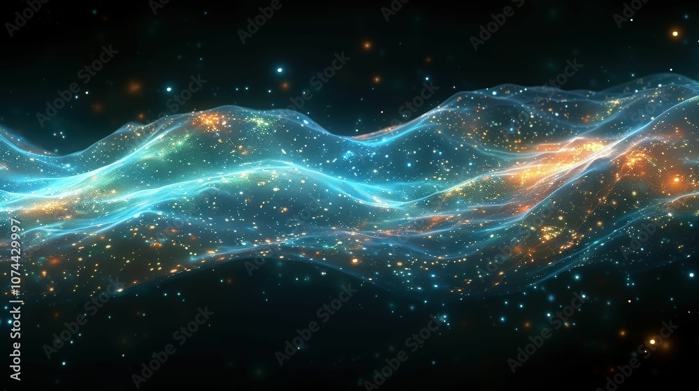 Ethereal Cosmic Waves of Light in Dark Space with Glittering Stars and Colorful Highlights, Creating a Dreamlike Celestial Fantasy Background for Visual Art and Design Ethereal Cosmic Waves of Light in Dark Space with Glittering Stars and Colorful Highlights, Creating a Dreamlike Celestial Fantasy Background for Visual Art and Design