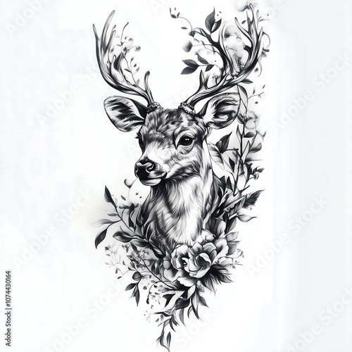 Tattoo art style black and white deer head with horns and flowers illustration, artistic drawing monochrome