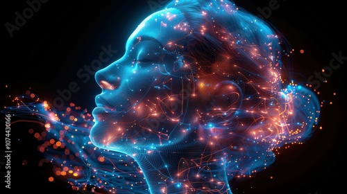 Ethereal Woman Profile with Iridescent Lights and Connection Circuits Depicting Technology, Emotions, and Artificial Intelligence in a Stunning Digital Illustration