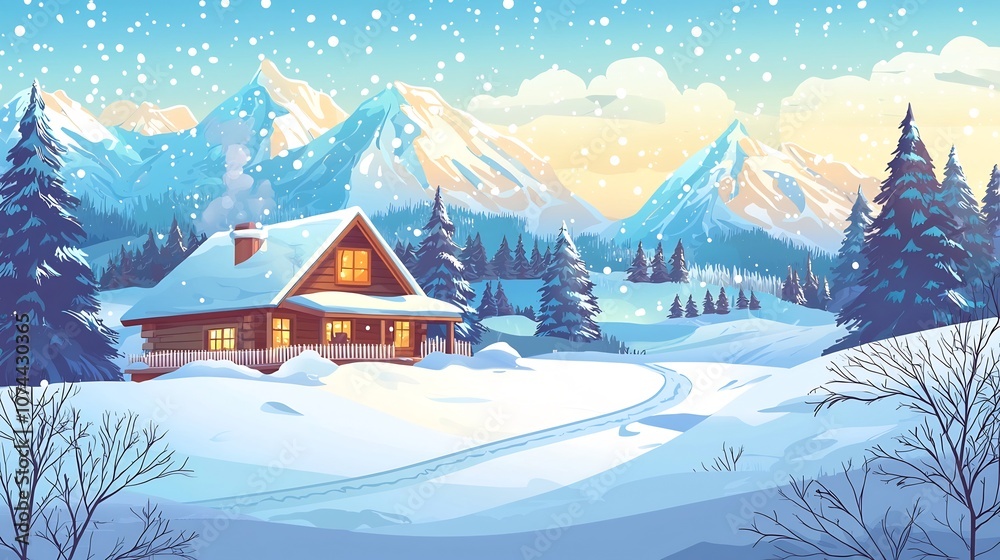 Fototapeta premium Cozy Christmas cabin nestled in a serene snowy mountain landscape with pine trees cloudy sky and a tranquil atmosphere