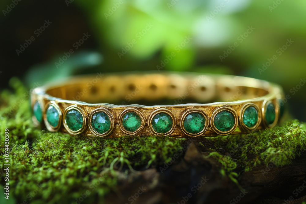 Gold Bracelet with Emeralds on Mossy Background Gold Bracelet with Emeralds on Mossy Background