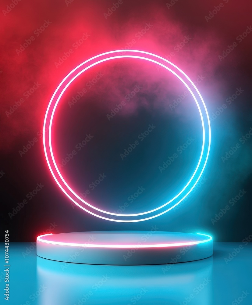 Neon circle display with vibrant lighting effects in a dark environment
