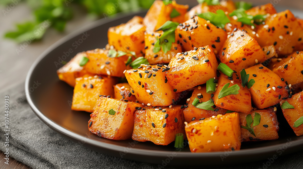 Delicious roasted butternut squash cubes garnished with herbs and sesame seeds, served on black plate. vibrant and healthy dish perfect for any meal Delicious roasted butternut squash cubes garnished with herbs and sesame seeds, served on black plate. vibrant and healthy dish perfect for any meal