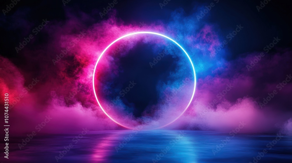 Vibrant neon circle surrounded by colorful mist creates a surreal atmosphere Vibrant neon circle surrounded by colorful mist creates a surreal atmosphere