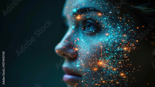 Ethereal Portrait of a Woman with Sparkling Light Effects, Exploring the Intersection of Technology and Art in a Dreamlike Setting