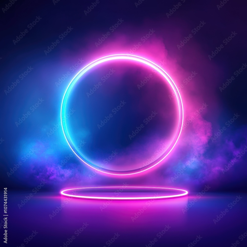 Vibrant neon circle design in a futuristic glowing environment with misty background Vibrant neon circle design in a futuristic glowing environment with misty background