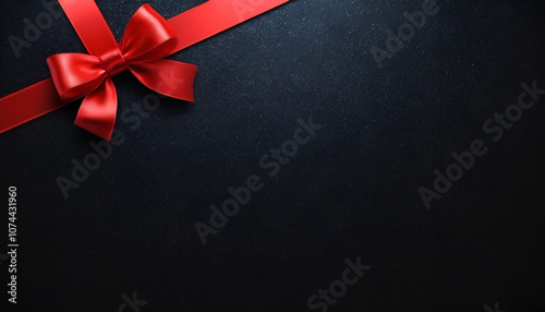 Black gift wrapped by red ribbon. Christmas, New Year or birthday gift Blank for a Black Friday sales card. 