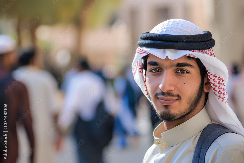 Portrait of young Muslim man with traditional keffiyeh headscarf on university campus Portrait of young Muslim man with traditional keffiyeh headscarf on university campus