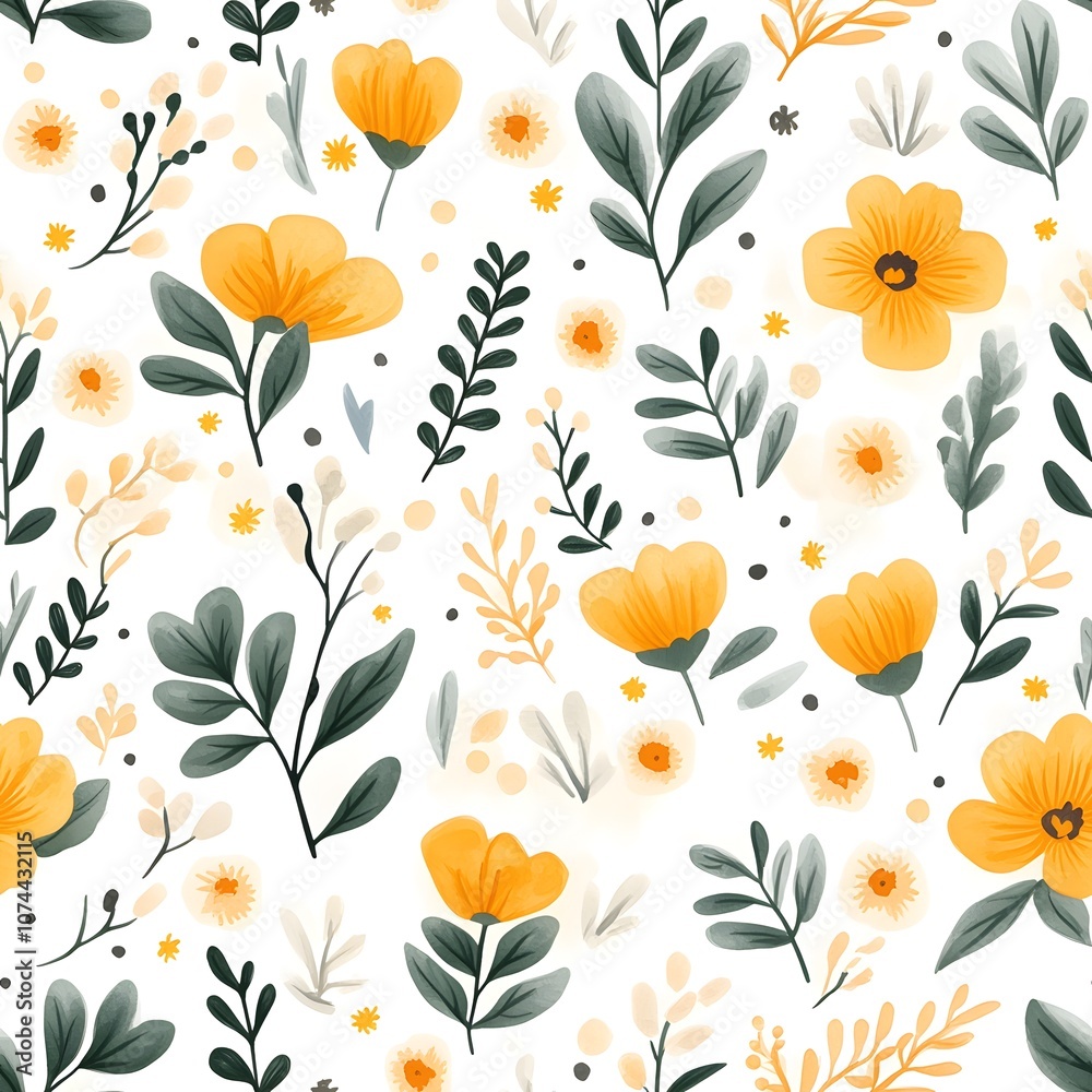 A cheerful floral pattern featuring yellow flowers and green leaves against a light background, ideal for spring-themed designs. A cheerful floral pattern featuring yellow flowers and green leaves against a light background, ideal for spring-themed designs.
