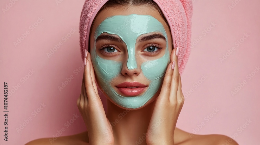 A woman with a green facial mask, towel on her head, poses for a skincare routine. A woman with a green facial mask, towel on her head, poses for a skincare routine.