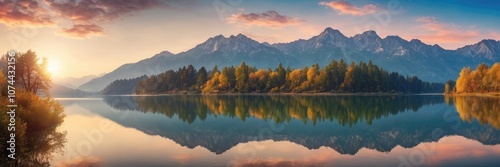 Reflecting lake Colorful morning view with mountains and blue sky