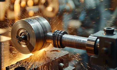 A close-up of a lathe machine in operation, creating metal parts with sparks flying. photo