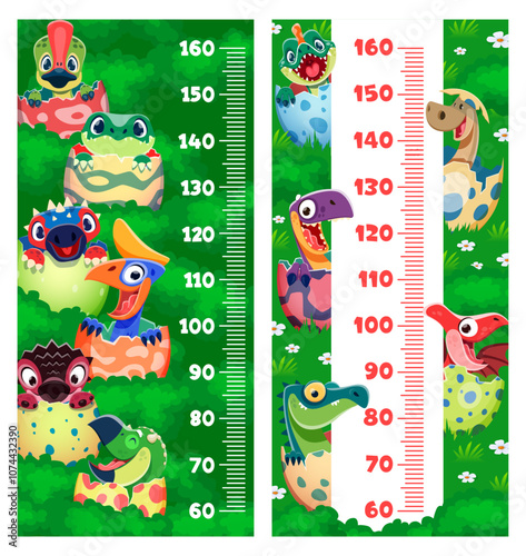 Kids height chart ruler with funny dino kids characters in eggs. Vector wall scale of growth measure with cartoon baby dinosaur animals. Cute prehistoric dino reptiles, childish height measuring chart