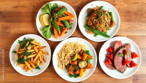 Variety of food is displayed on a wooden table