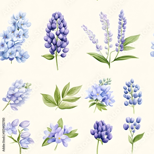 A beautiful array of blue and purple flowers illustrated against a soft cream background, showcasing various floral designs and greenery.