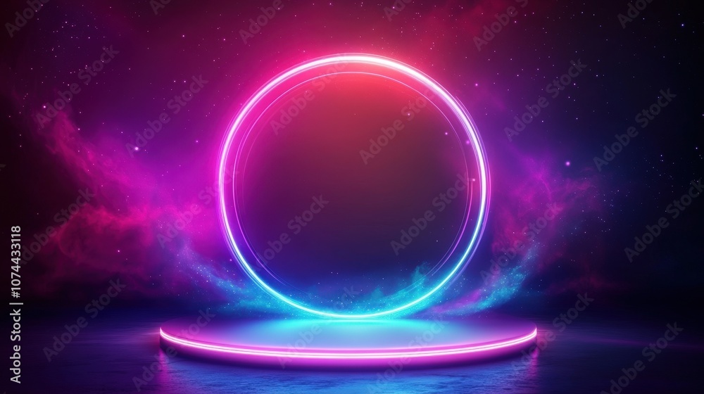 Vibrant neon light ring with cosmic background in a surreal digital environment Vibrant neon light ring with cosmic background in a surreal digital environment
