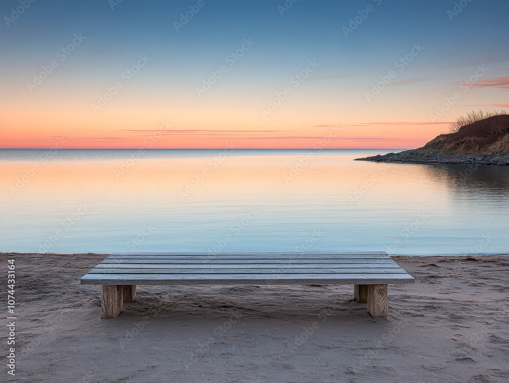 Serene wooden bench by calm waters during a colorful twilight at the lakeside beach Serene wooden bench by calm waters during a colorful twilight at the lakeside beach