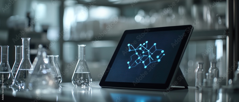 Fototapeta premium A tablet displaying a network diagram in a laboratory setting with glassware.