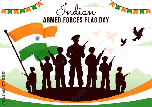 Indian Armed Forces Flag Day Vector Illustration featuring the Indian Army and Waving Flags in a National Holiday in a Flat Cartoon Style Background