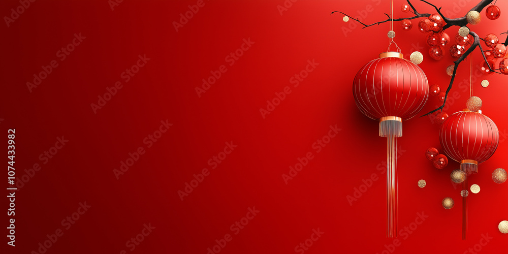 Red lanterns hanging on red background with cherry blossoms and gold particles create festive atmosphere Red lanterns hanging on red background with cherry blossoms and gold particles create festive atmosphere
