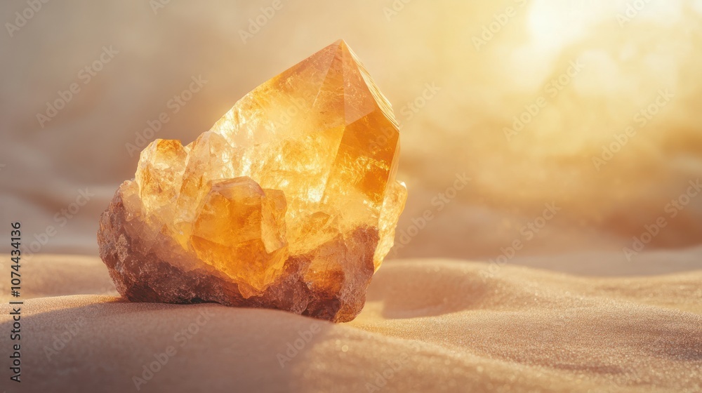 A glowing amber crystal resting on soft sand, illuminated by warm light.