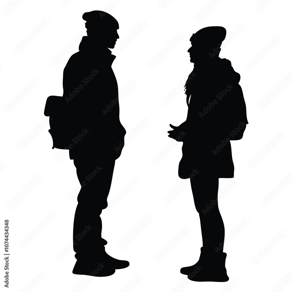 a university student are talking each other wearing winter clothes vector silhouette a university student are talking each other wearing winter clothes vector silhouette