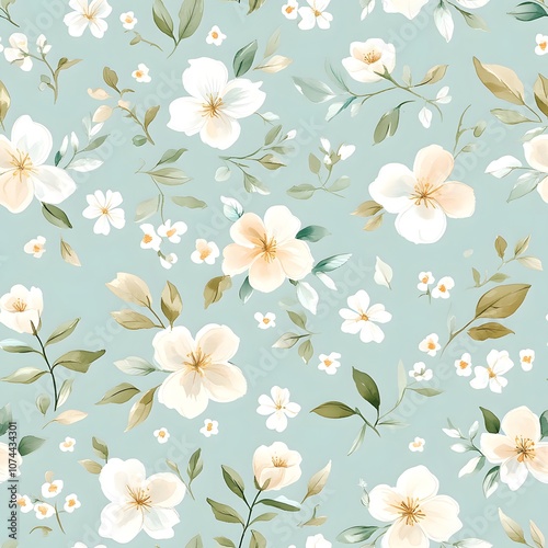 A soft floral pattern featuring delicate white flowers and green leaves on a light blue background, perfect for fabrics or wallpaper.