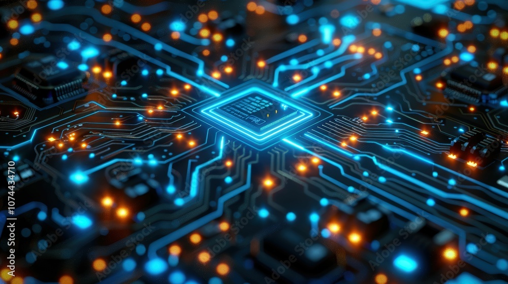 Obraz premium Close-up View of a Complex Circuit Board with Glowing Electric Components Representing Advanced Technology and Digital Innovation in Modern Electronics