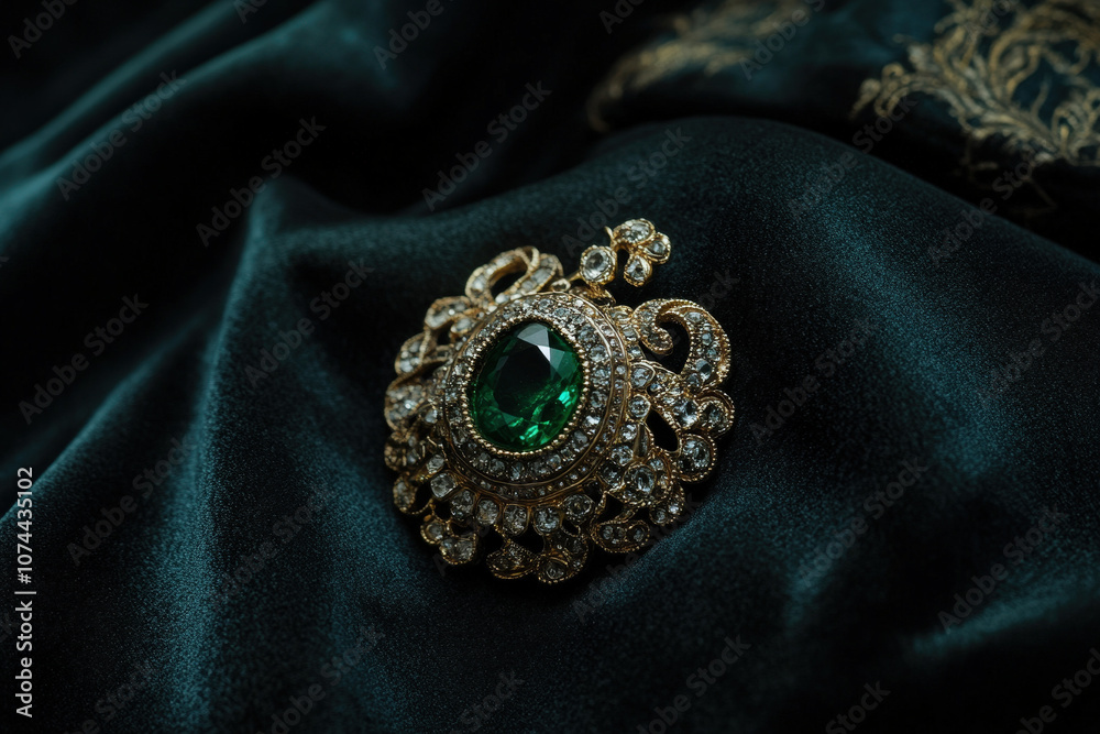 Exquisite Emerald Brooch on Velvet Background Exquisite Emerald Brooch on Velvet Background