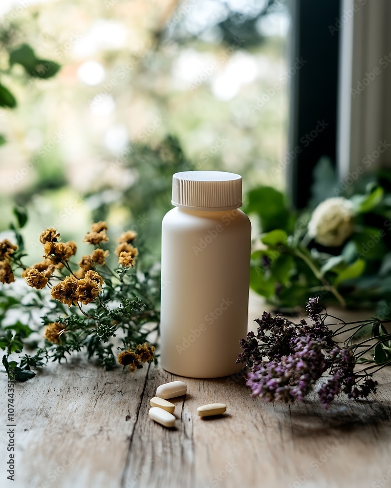 A bottle of omega-3 supplements on a smooth wooden surface, surrounded by dried flowers and fresh herbs, with natural light gently illuminating the scene, leaving space for text A bottle of omega-3 supplements on a smooth wooden surface, surrounded by dried flowers and fresh herbs, with natural light gently illuminating the scene, leaving space for text