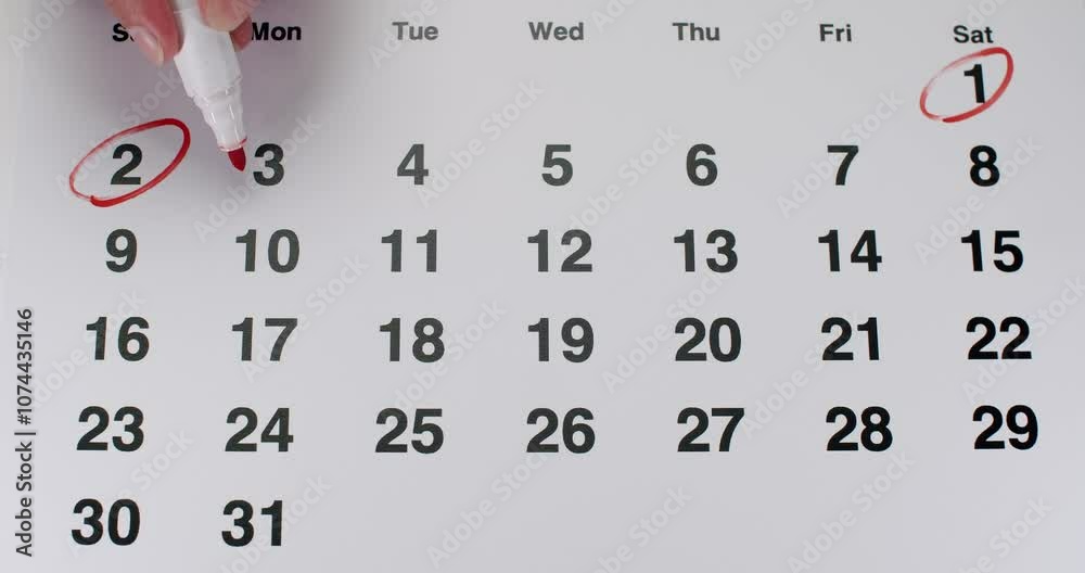 A calendar displaying a full month with several dates circled in red, indicating important deadlines or events. Each circled date suggests significance and preparedness.