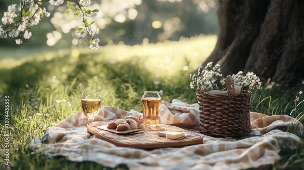 A picnic basket with wine and bread sits on a blanket under a blooming tree in a park. A picnic basket with wine and bread sits on a blanket under a blooming tree in a park.