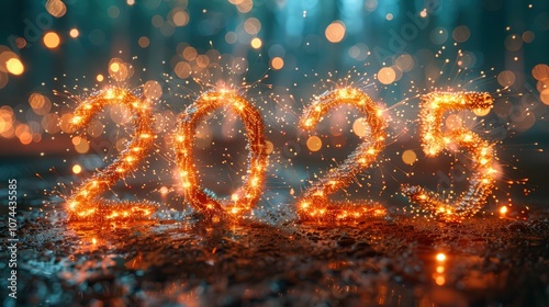 Sparkling New Year Celebration with Firework Effect Displaying the Year 2025 in a Festive Outdoor Setting with Beautiful Bokeh Background and Shiny Lights