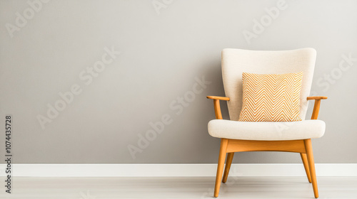 Cozy armchair with a decorative pillow against a minimalist gray wall in a contemporary living space